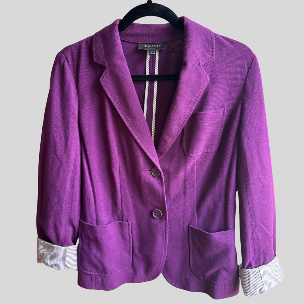 Talbots 100% Cotton Textured Blazer Size 8 Purple with contrast lining